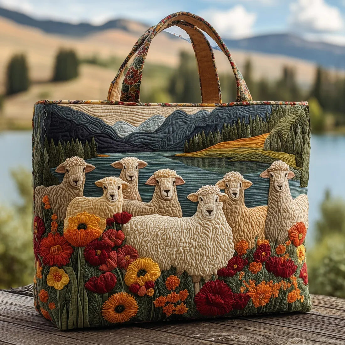 Geborduurde Vintage Tas "Schapen bij het Bergmeer" — Landschappelijk