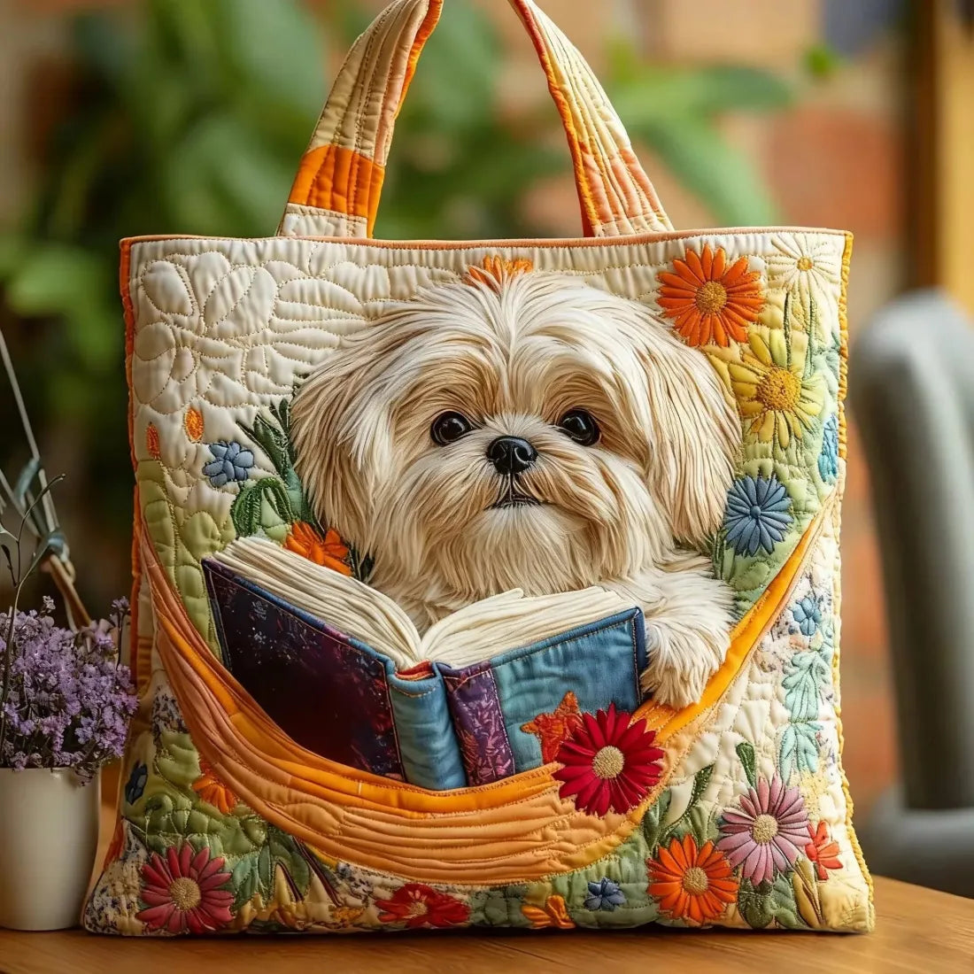 Sac Fait Main | Shih Tzu avec Livres et Fleurs