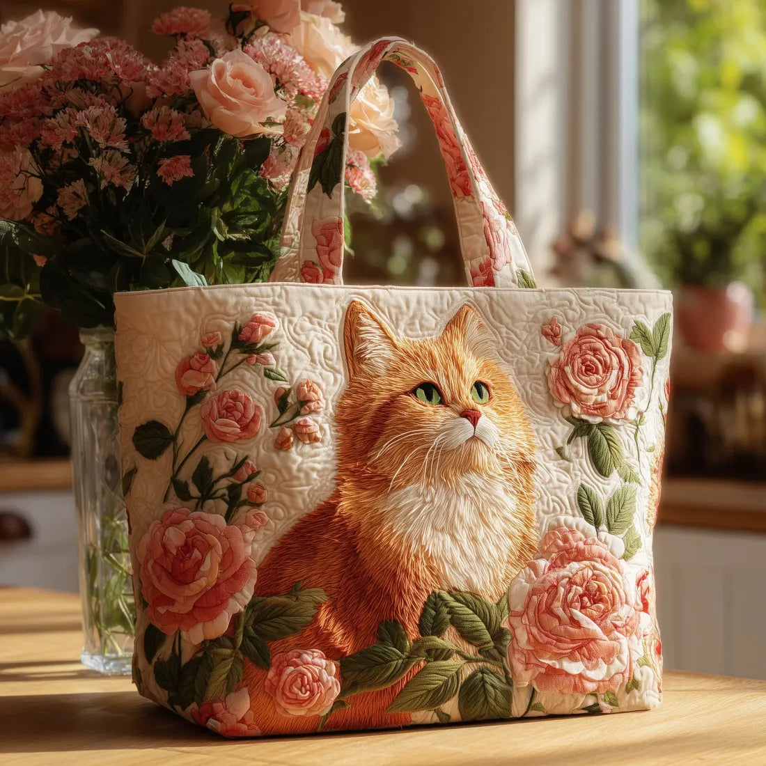 Geborduurde Vintage Tas "Rode Kat tussen Rozen" — Romantisch