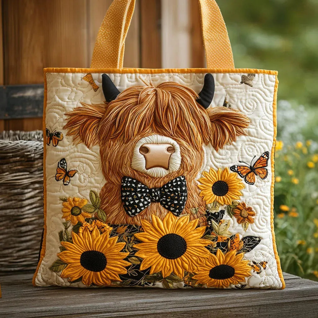 Geborduurde Vintage Tas "Schotse Koe en Zonnebloemen" — Rustiek