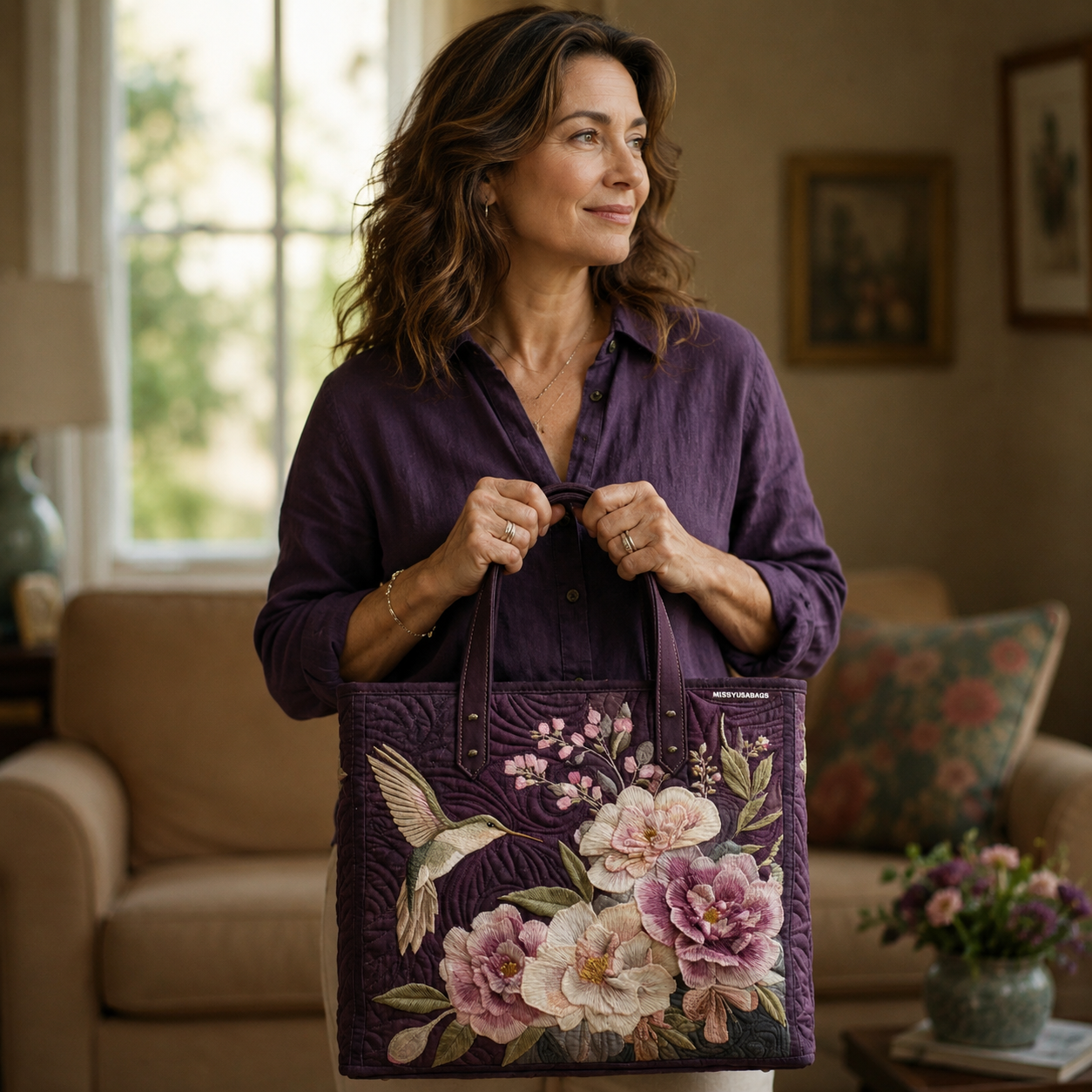 Sac à main vintage « Colibri et pivoines » — Bordeaux