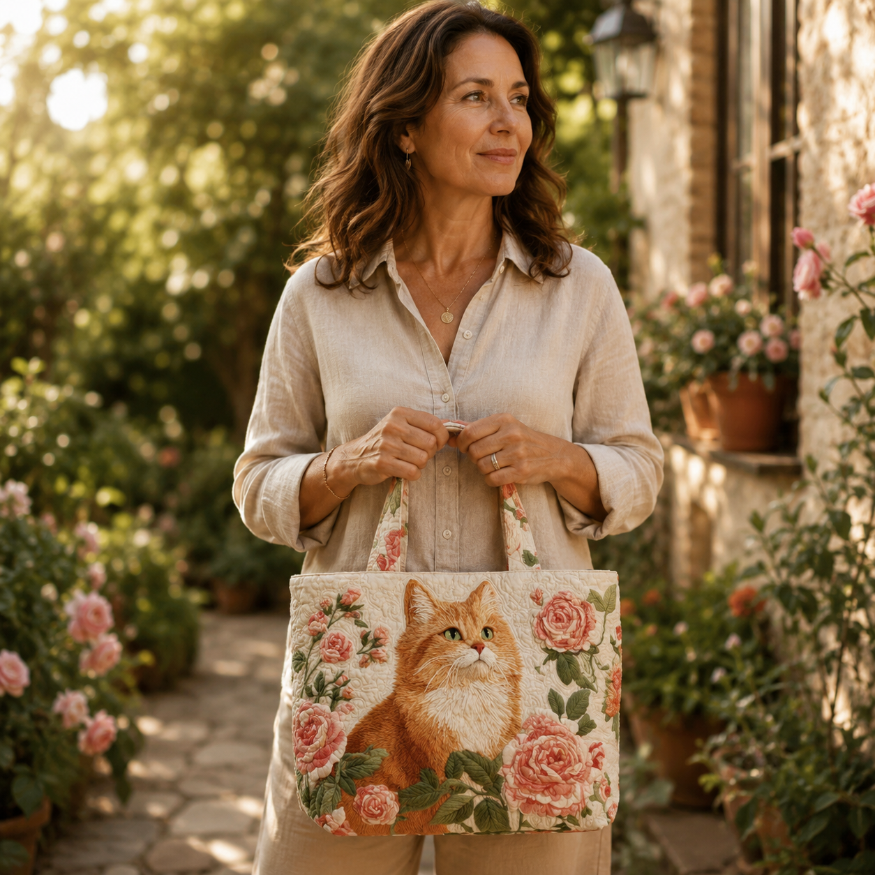 Geborduurde Vintage Tas "Rode Kat tussen Rozen" — Romantisch