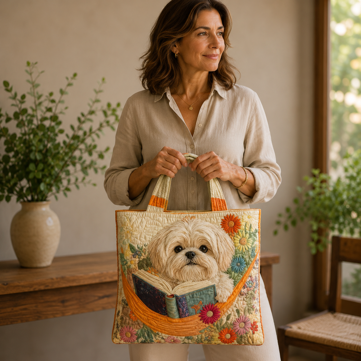 Sac Fait Main | Shih Tzu avec Livres et Fleurs