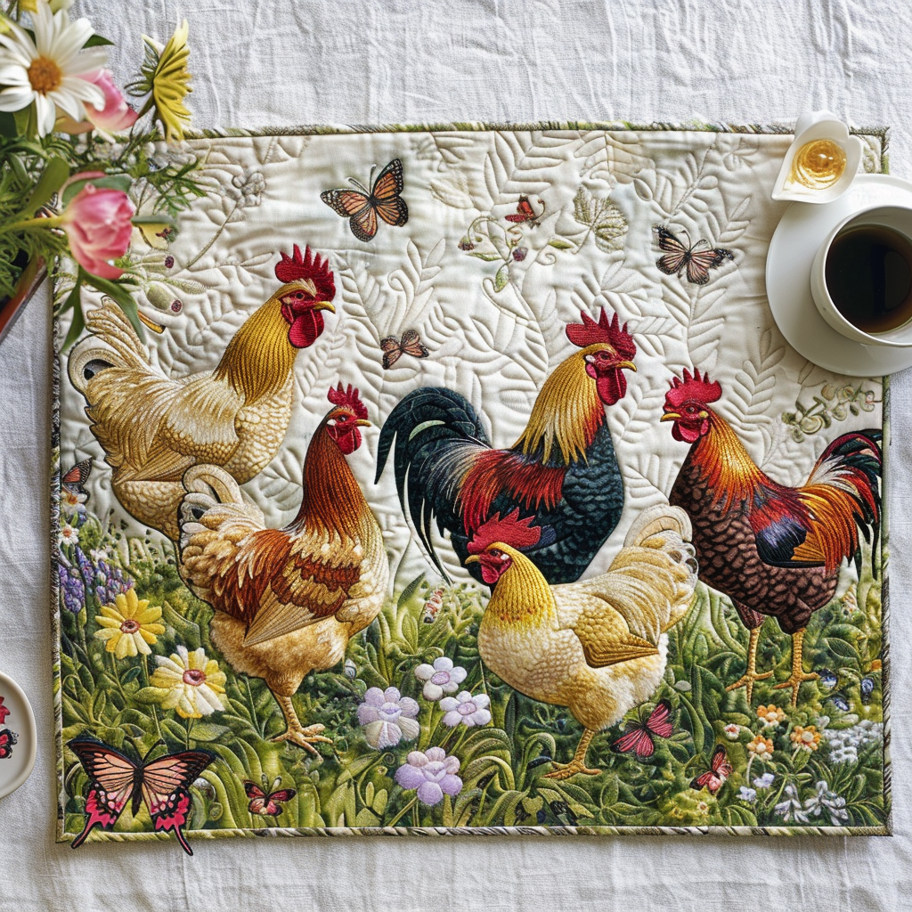 Quilted Placemat met Betoverende Kippen en Bloemen NCU0TL071