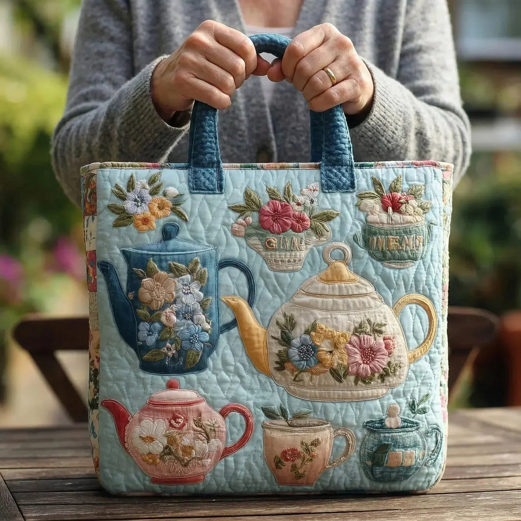 Geborduurde Vintage Tas "Theepotjes met Bloemen" — Thee