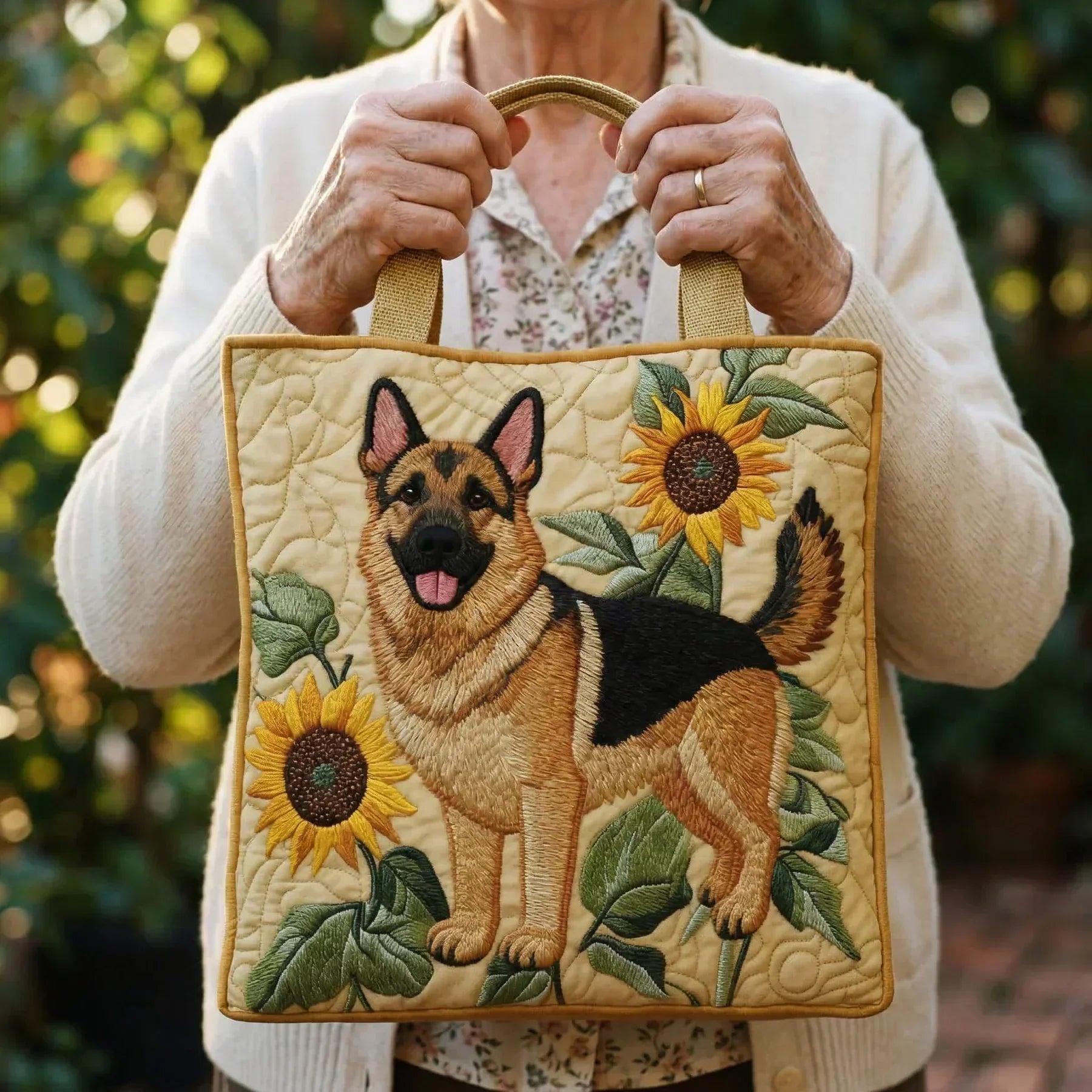 Geborduurde Vintage Tas "Herdershond en Zonnebloemen" — Landelijk