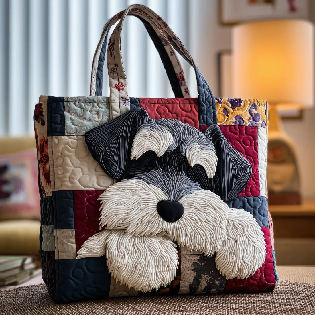Gehaakte Vintage Tas "Schnauzer op Patchwork" — Zandkleurig