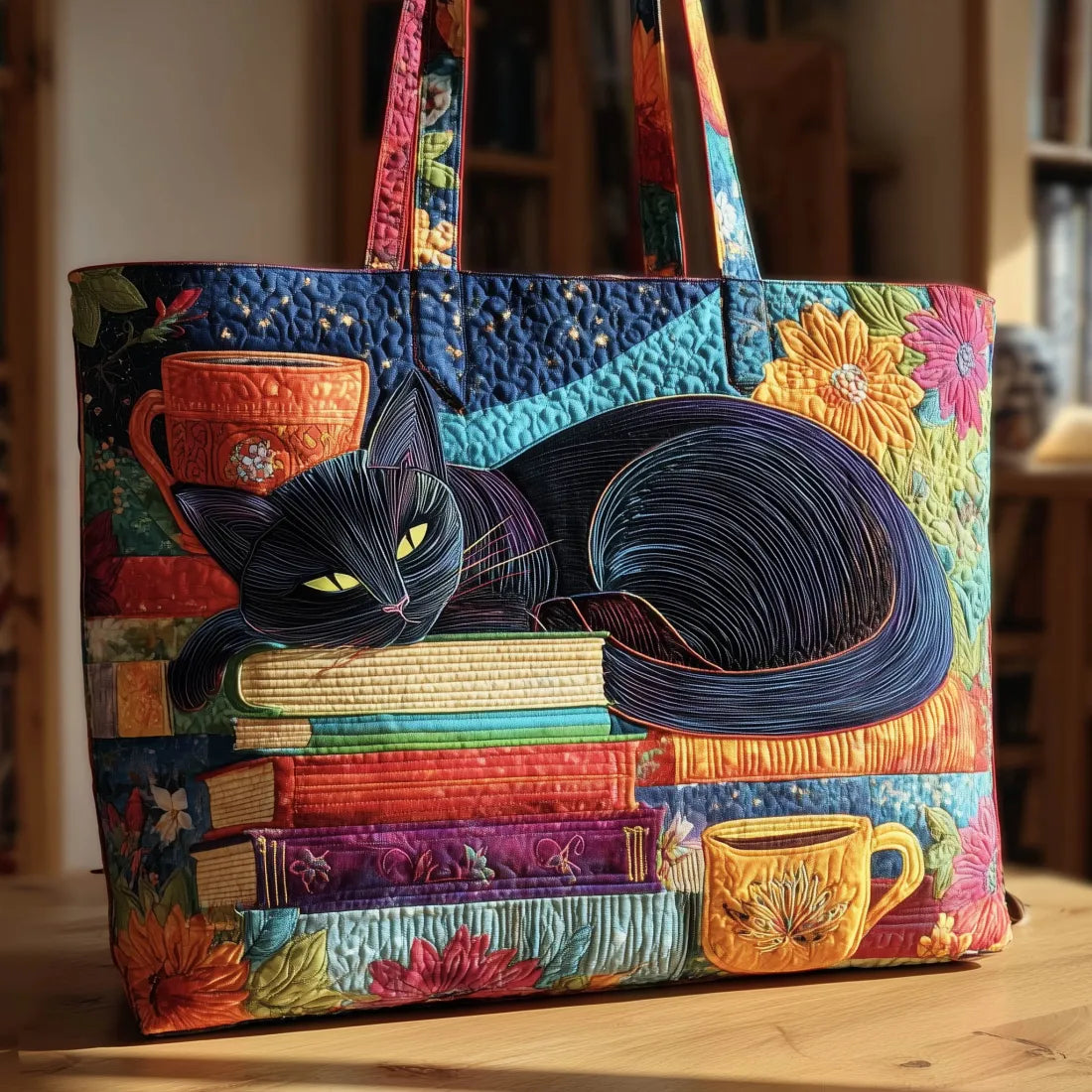 Geborduurde Vintage Tas "Zwarte Kat op Boeken" — Patchwork
