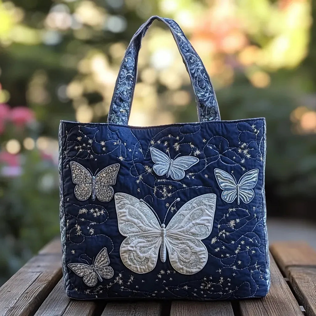 Vintage Handtas "Witte Vlinders" — Donkerblauw