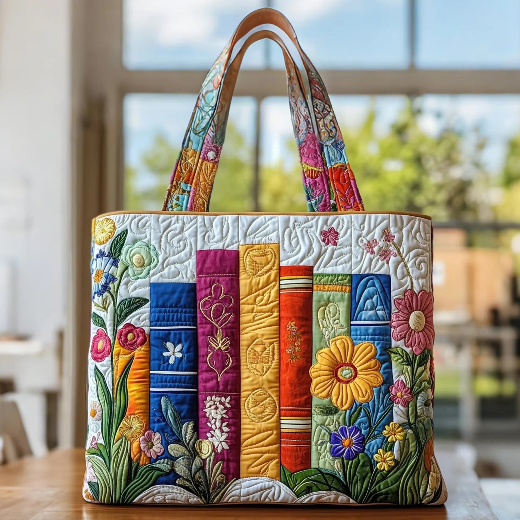Geborduurde Vintage Tas "Boeken en Veldbloemen" — Bibliotheek