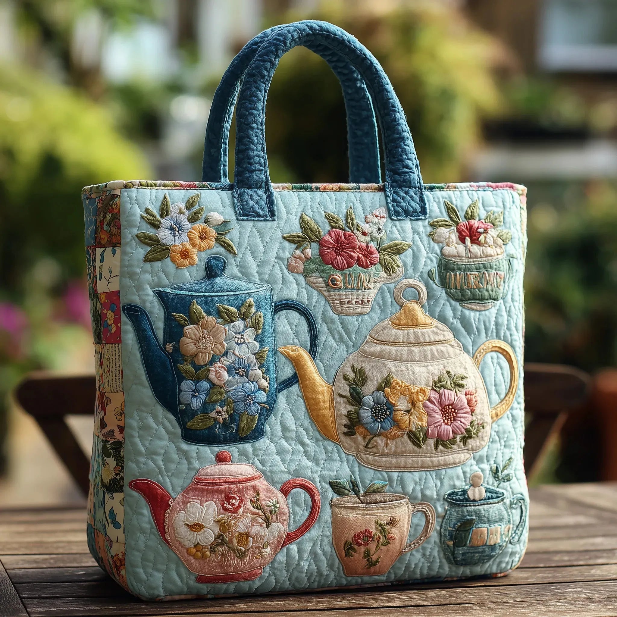 Geborduurde Vintage Tas "Theepotjes met Bloemen" — Thee
