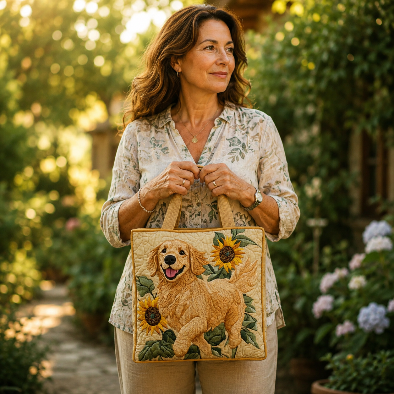 Vintage Handtas "Golden Retriever en Zonnebloemen" — Zomer