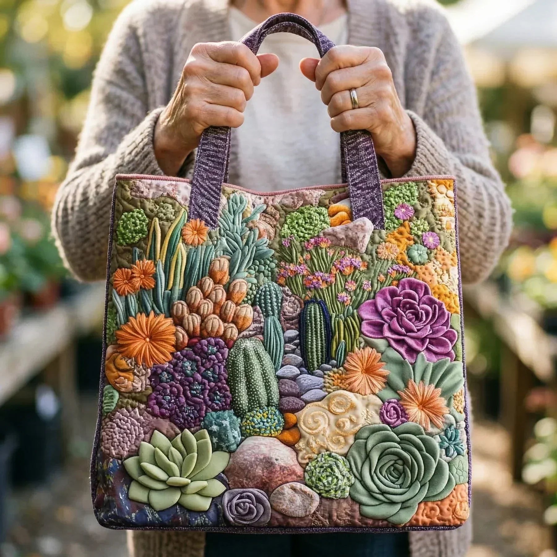 Geborduurde Vintage Tas "Vetplanten en Cactussen" — Botanisch