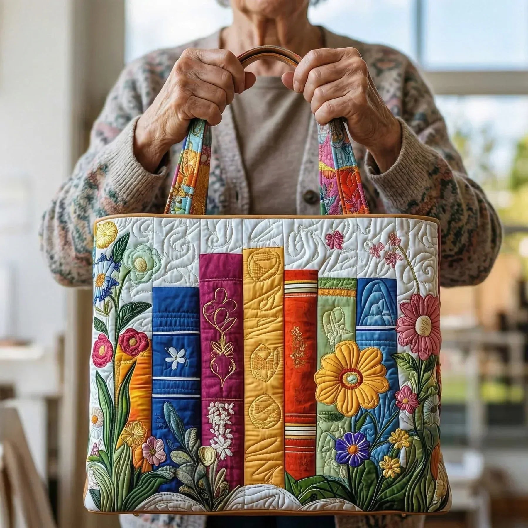 Geborduurde Vintage Tas "Boeken en Veldbloemen" — Bibliotheek