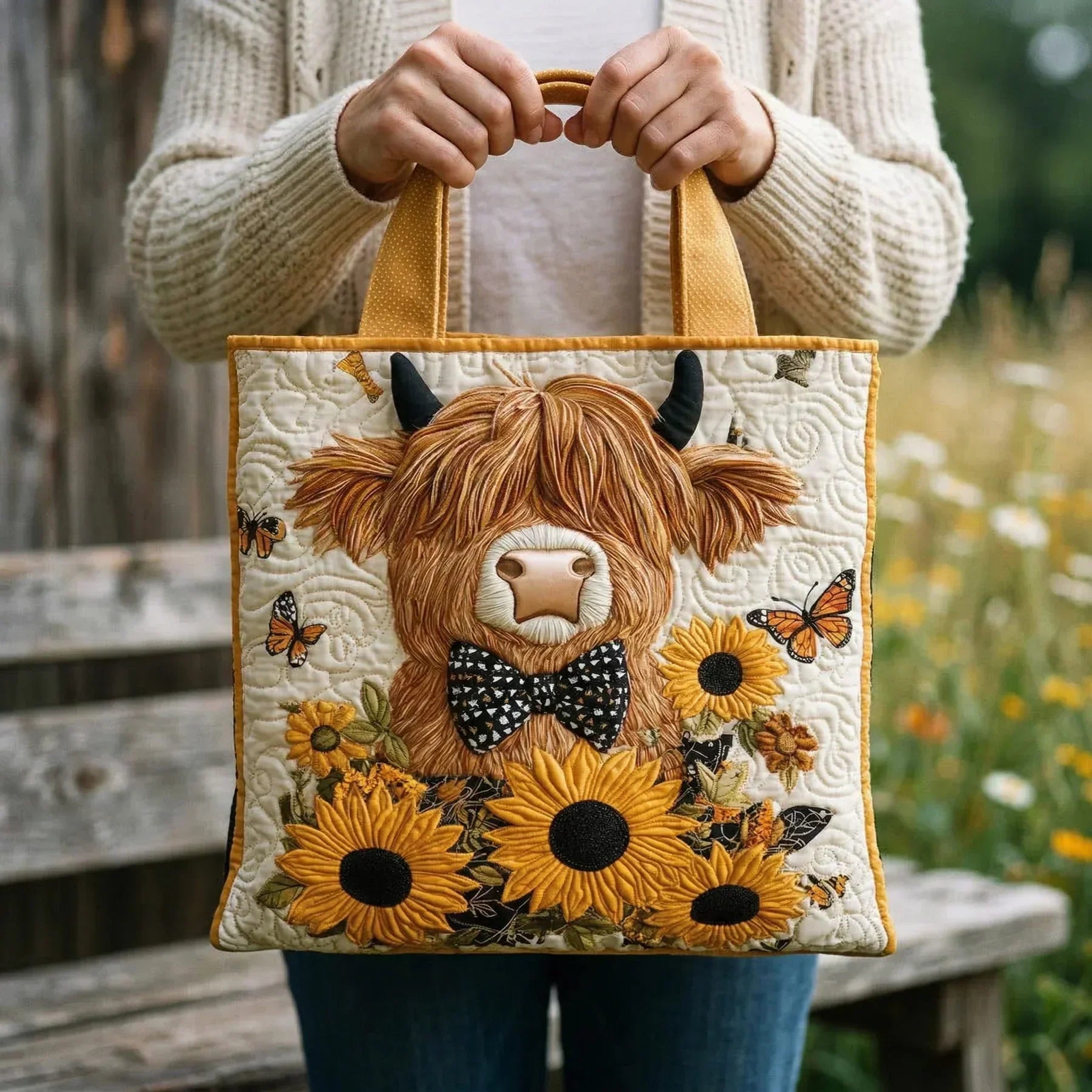 Geborduurde Vintage Tas "Schotse Koe en Zonnebloemen" — Rustiek