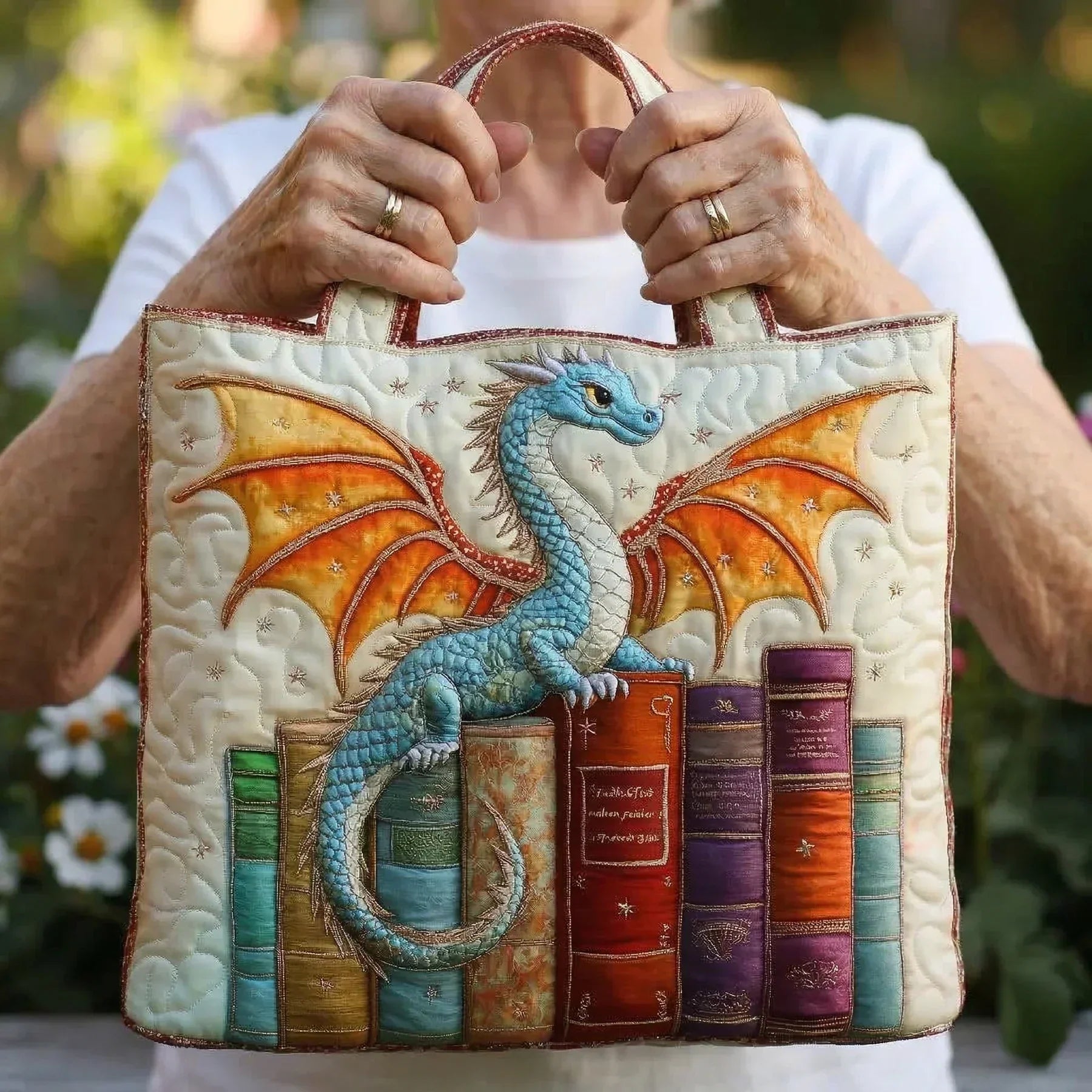Geborduurde Vintage Tas "Draak en Oude Boeken" — Sprookjesachtig