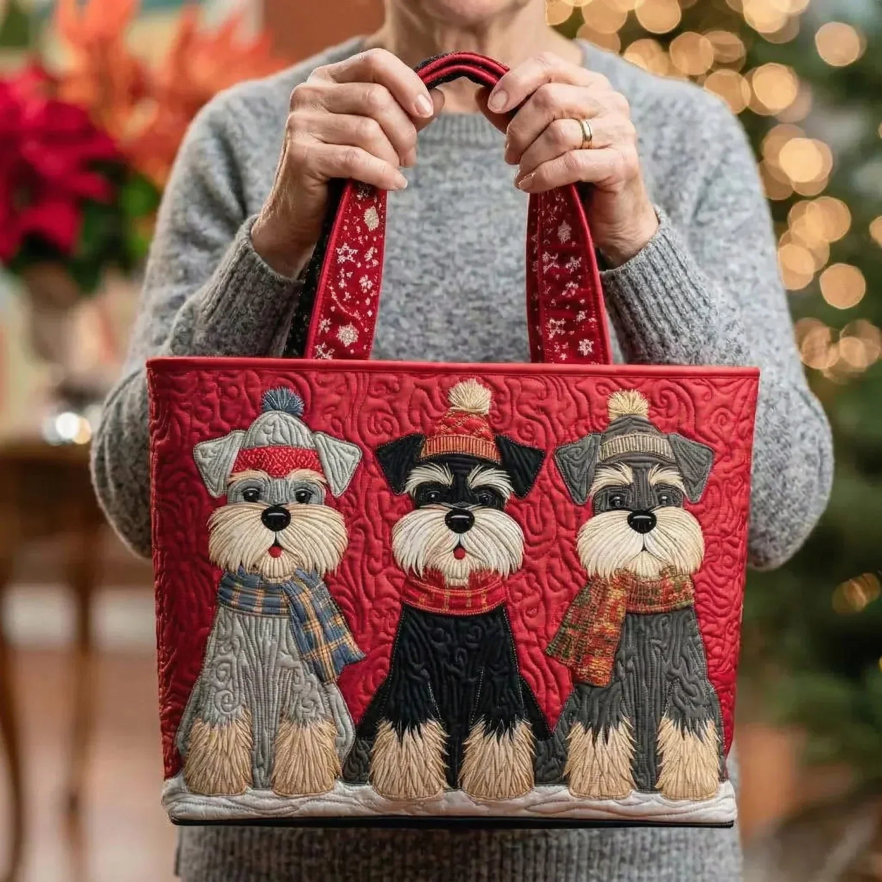 Vintage Handgemaakte Tas "Schnauzers in Hoeden" — Kerst